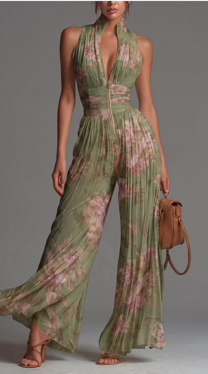 ESSENTIAL | Pleated Floral Chiffon Jumpsuit